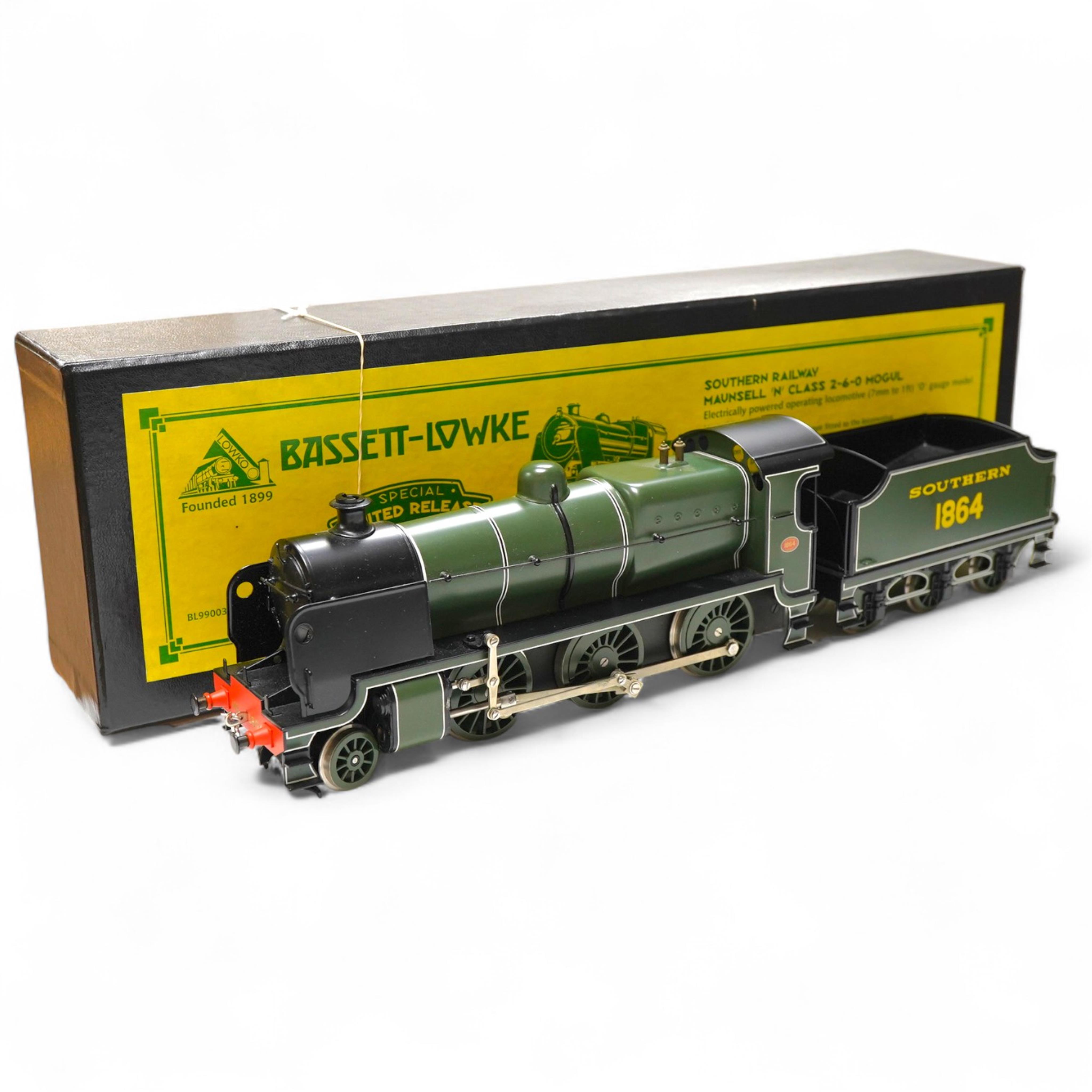 A boxed Bassett-Lowke by Corgi 0 gauge tinplate Southern Railway Maunsell N class 2-6-0 tender locomotive, 1864, in green livery, a special limited release, with option for two or three rail running, with instruction lea